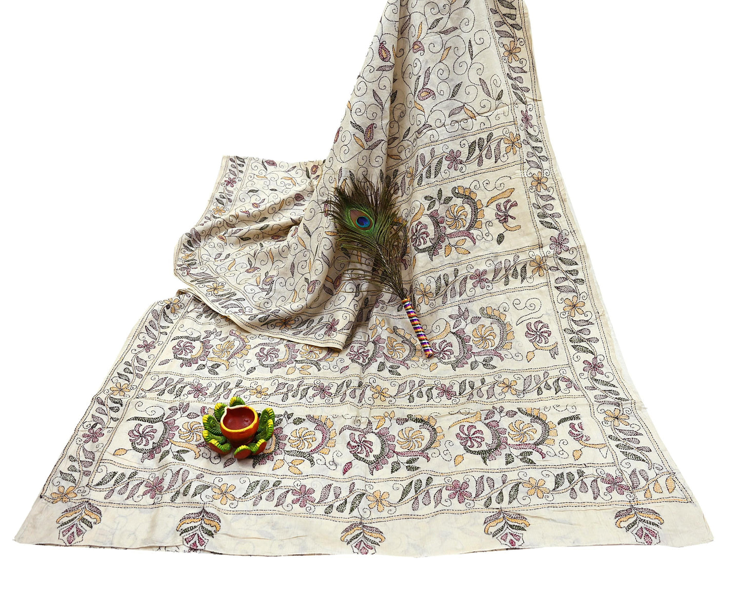 Indian Vintage Ivory Saree 100% Pure Silk Hand Embroidered Kantha Sari Fabric 5Yd Sewing Floral Sequin