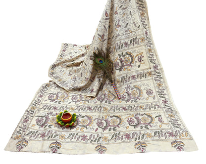 Indian Vintage Ivory Saree 100% Pure Silk Hand Embroidered Kantha Sari Fabric 5Yd Sewing Floral Sequin