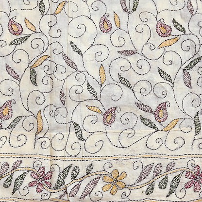 Indian Vintage Ivory Saree 100% Pure Silk Hand Embroidered Kantha Sari Fabric 5Yd Sewing Floral Sequin