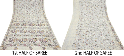 Indian Vintage Ivory Saree 100% Pure Silk Hand Embroidered Kantha Sari Fabric 5Yd Sewing Floral Sequin