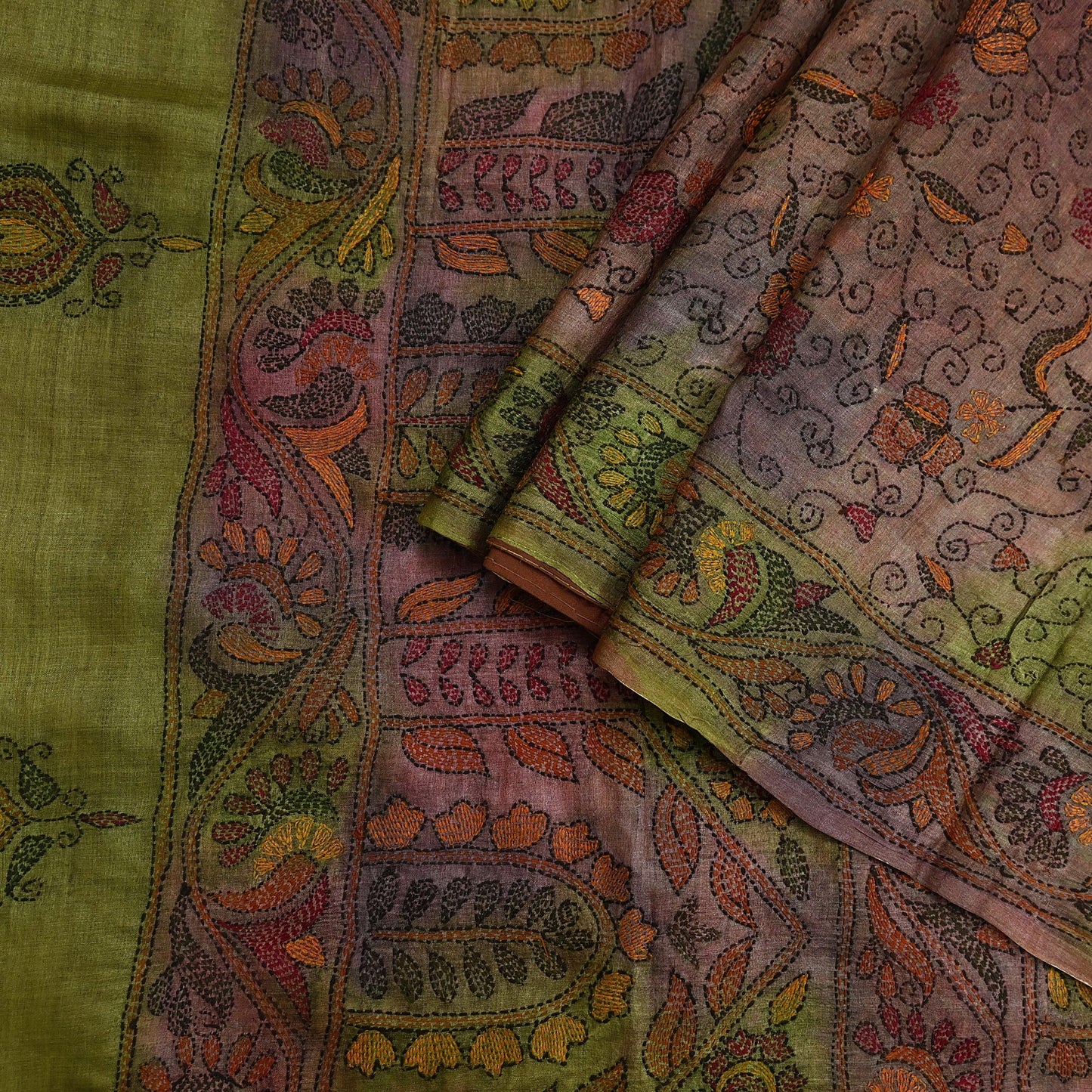 Indian Vintage Brown & Green Saree 100% Pure Silk Hand Embroidered Kantha Sari Fabric 5Yd Sewing Floral Sequin