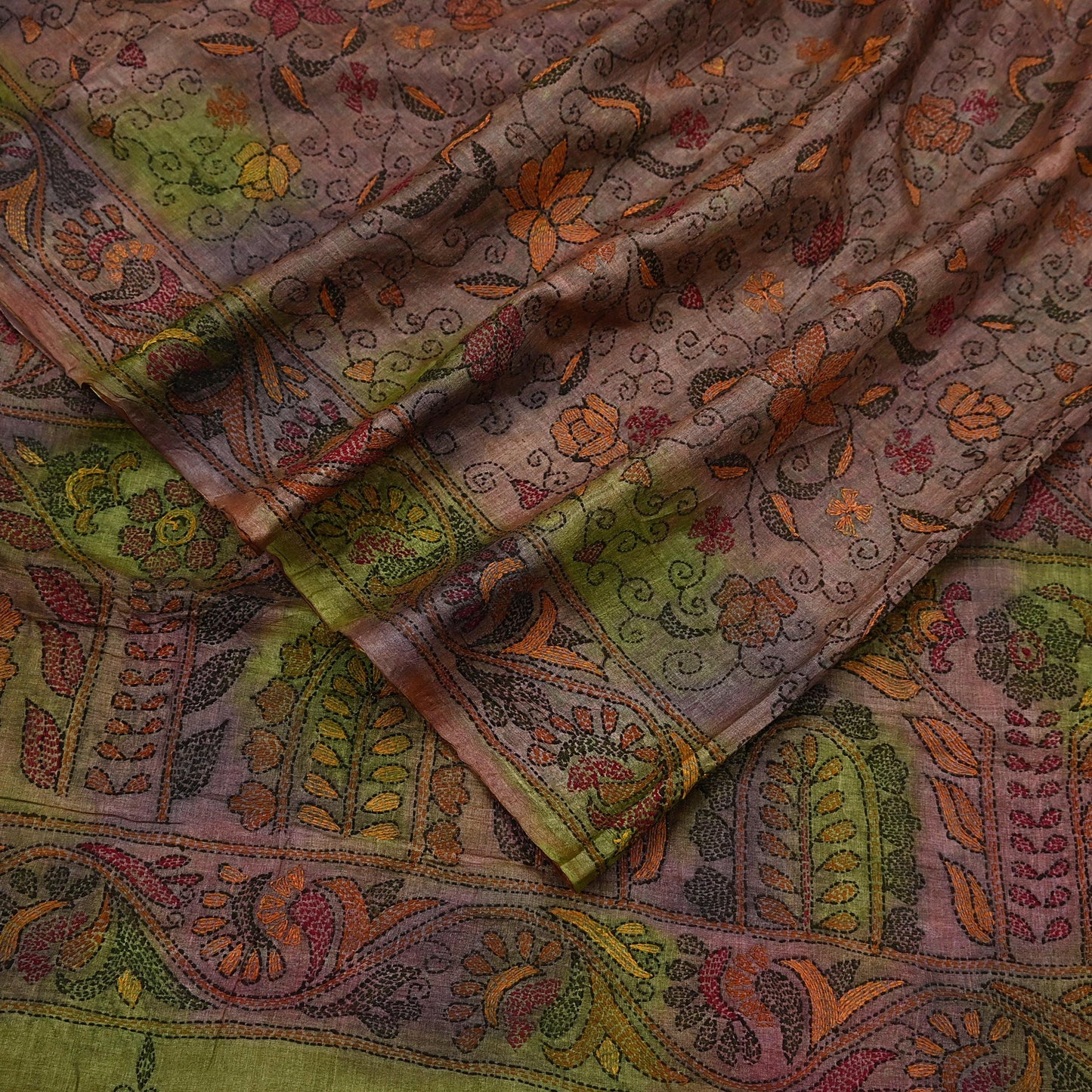 Indian Vintage Brown & Green Saree 100% Pure Silk Hand Embroidered Kantha Sari Fabric 5Yd Sewing Floral Sequin