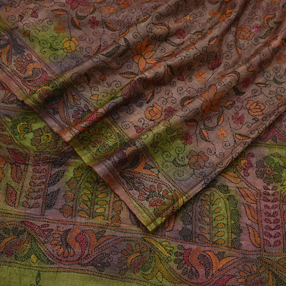Indian Vintage Brown & Green Saree 100% Pure Silk Hand Embroidered Kantha Sari Fabric 5Yd Sewing Floral Sequin