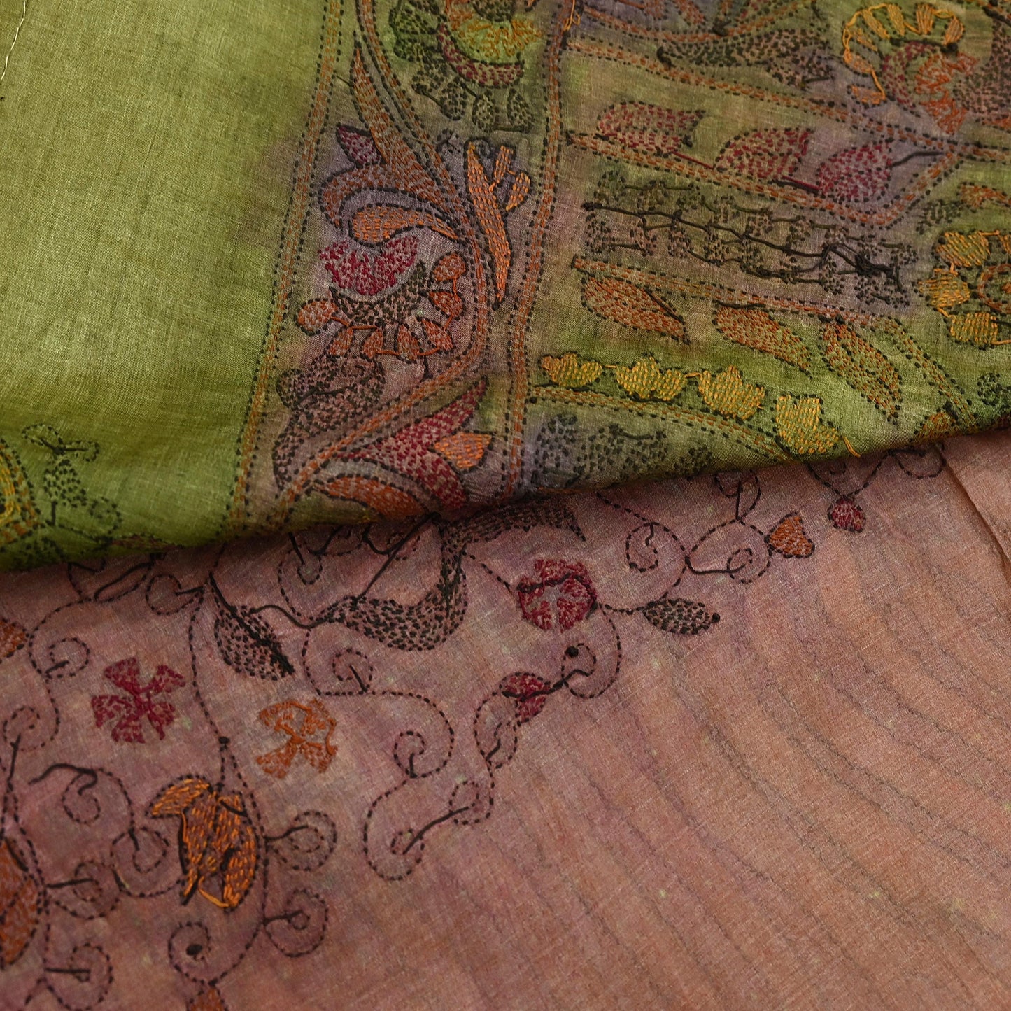 Indian Vintage Brown & Green Saree 100% Pure Silk Hand Embroidered Kantha Sari Fabric 5Yd Sewing Floral Sequin