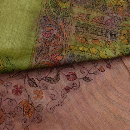 Indian Vintage Brown & Green Saree 100% Pure Silk Hand Embroidered Kantha Sari Fabric 5Yd Sewing Floral Sequin