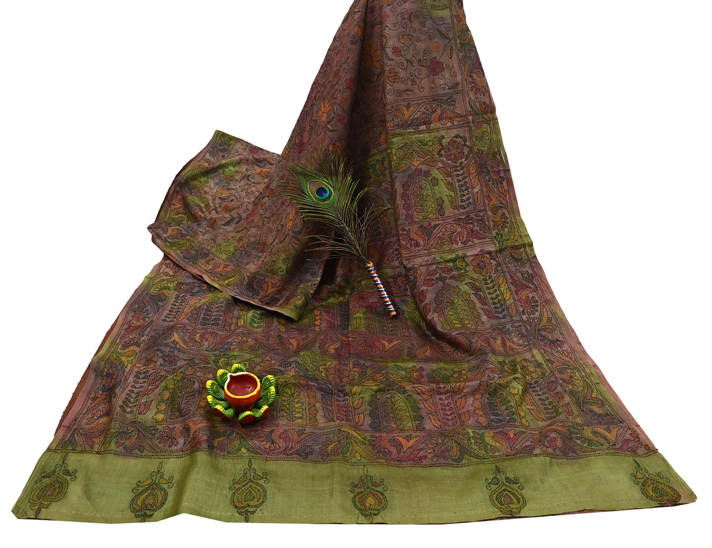 Indian Vintage Brown & Green Saree 100% Pure Silk Hand Embroidered Kantha Sari Fabric 5Yd Sewing Floral Sequin