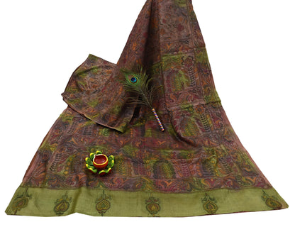 Indian Vintage Brown & Green Saree 100% Pure Silk Hand Embroidered Kantha Sari Fabric 5Yd Sewing Floral Sequin