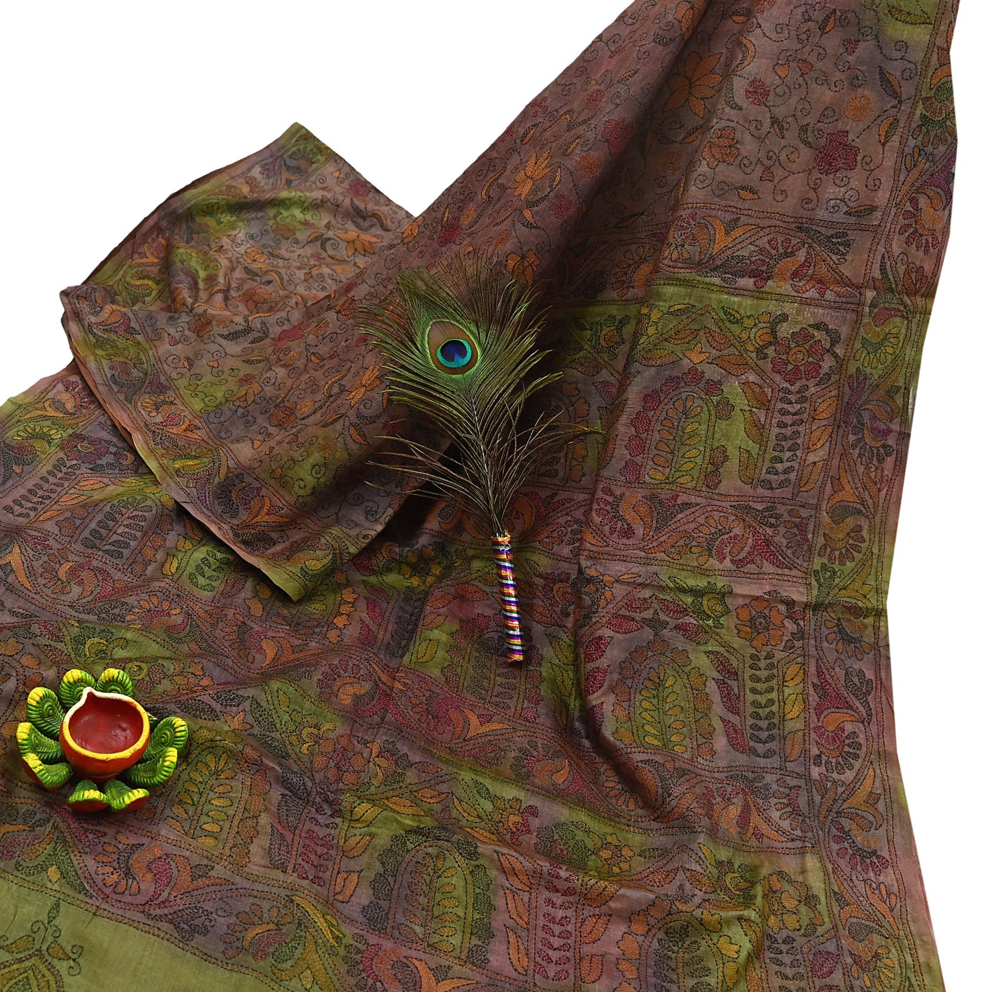 Indian Vintage Brown & Green Saree 100% Pure Silk Hand Embroidered Kantha Sari Fabric 5Yd Sewing Floral Sequin