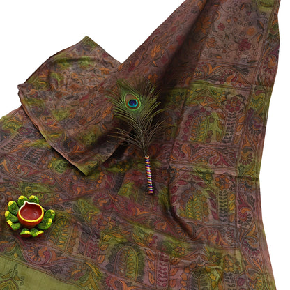 Indian Vintage Brown & Green Saree 100% Pure Silk Hand Embroidered Kantha Sari Fabric 5Yd Sewing Floral Sequin