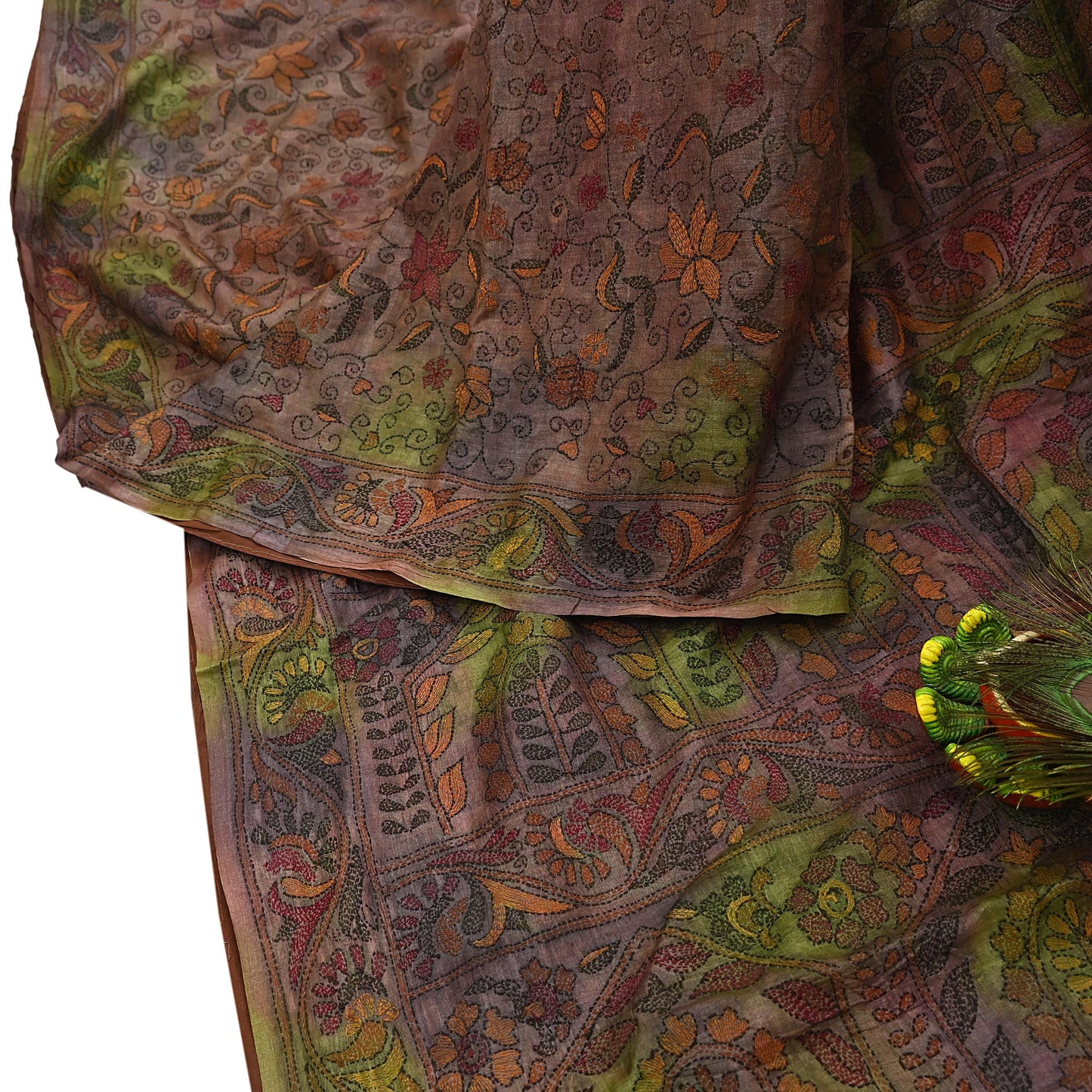 Indian Vintage Brown & Green Saree 100% Pure Silk Hand Embroidered Kantha Sari Fabric 5Yd Sewing Floral Sequin