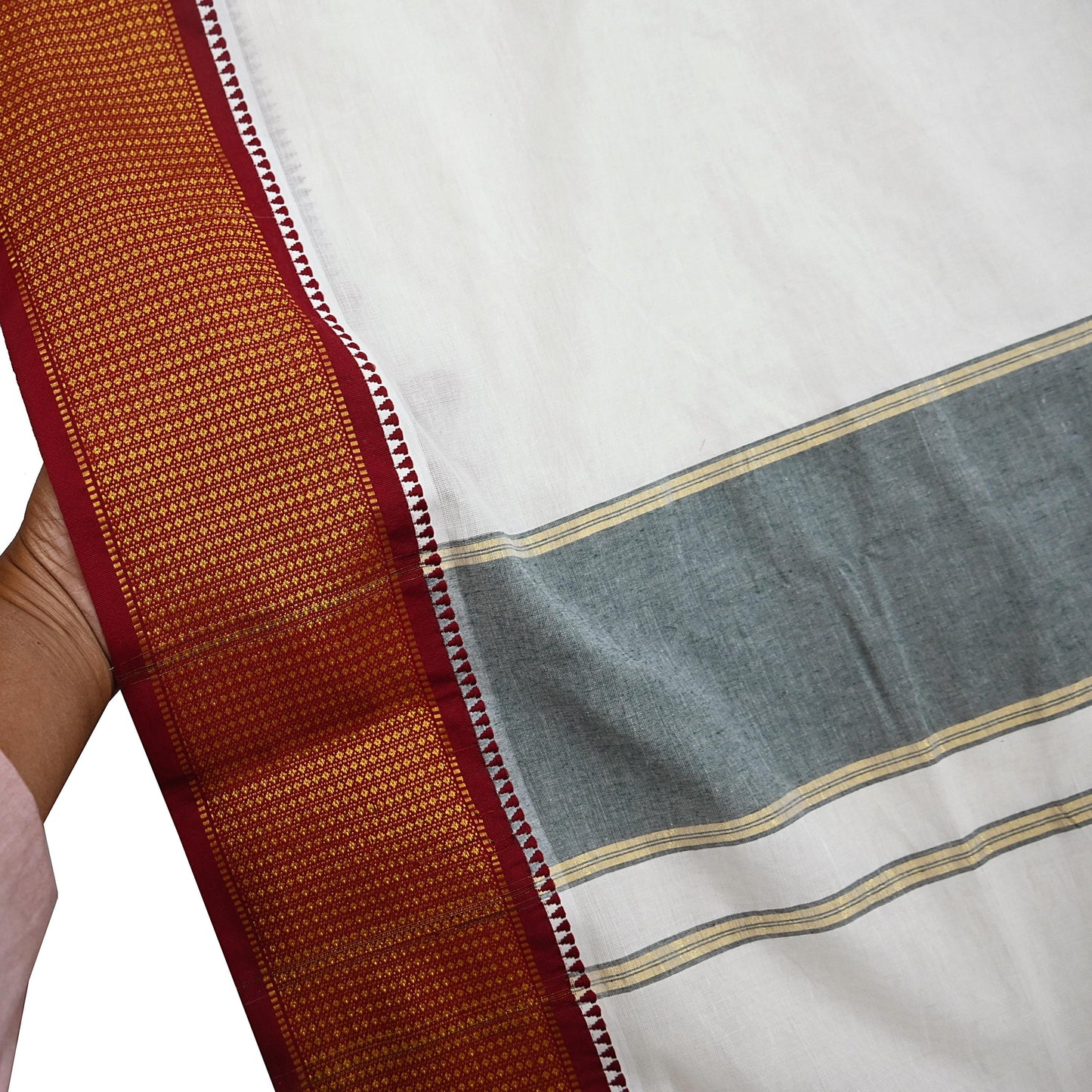 Vintage Bengali Traditional Saree Handwoven Pure Cotton Off White Red & Golden Border Ethnic Gift for Christmas