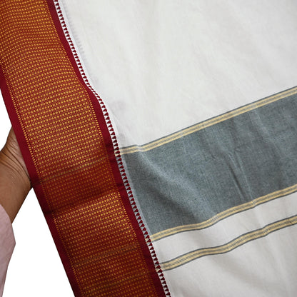 Vintage Bengali Traditional Saree Handwoven Pure Cotton Off White Red & Golden Border Ethnic Gift for Christmas