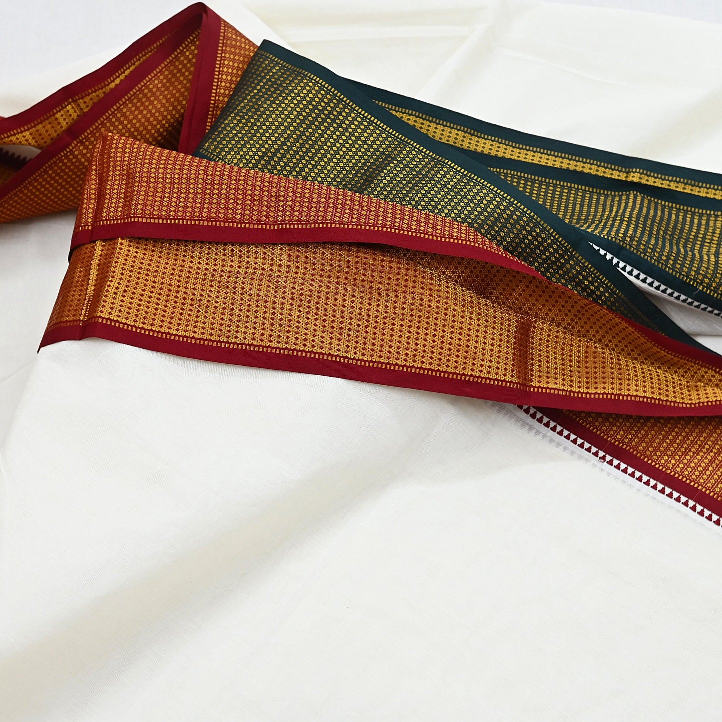Vintage Bengali Traditional Saree Handwoven Pure Cotton Off White Red & Golden Border Ethnic Gift for Christmas