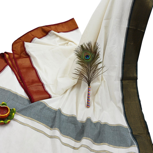 Vintage Bengali Traditional Saree Handwoven Pure Cotton Off White Red & Golden Border Ethnic Gift for Christmas