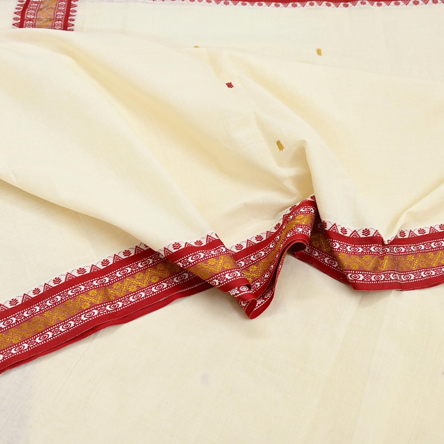 Vintage Bengali Traditional Saree Off White Handwoven Sari with Red & Golden Border Pure Cotton Drape