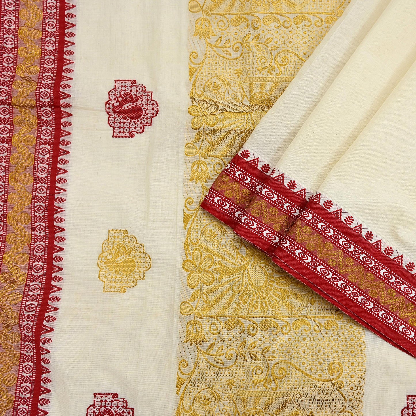 Vintage Bengali Traditional Saree Off White Handwoven Sari with Red & Golden Border Pure Cotton Drape