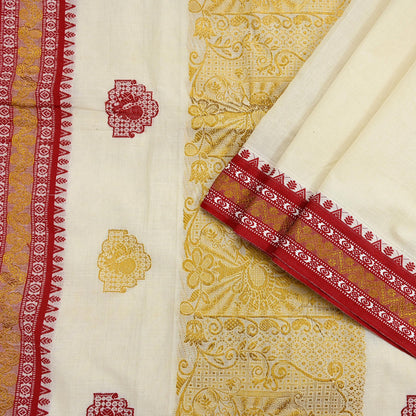 Vintage Bengali Traditional Saree Off White Handwoven Sari with Red & Golden Border Pure Cotton Drape