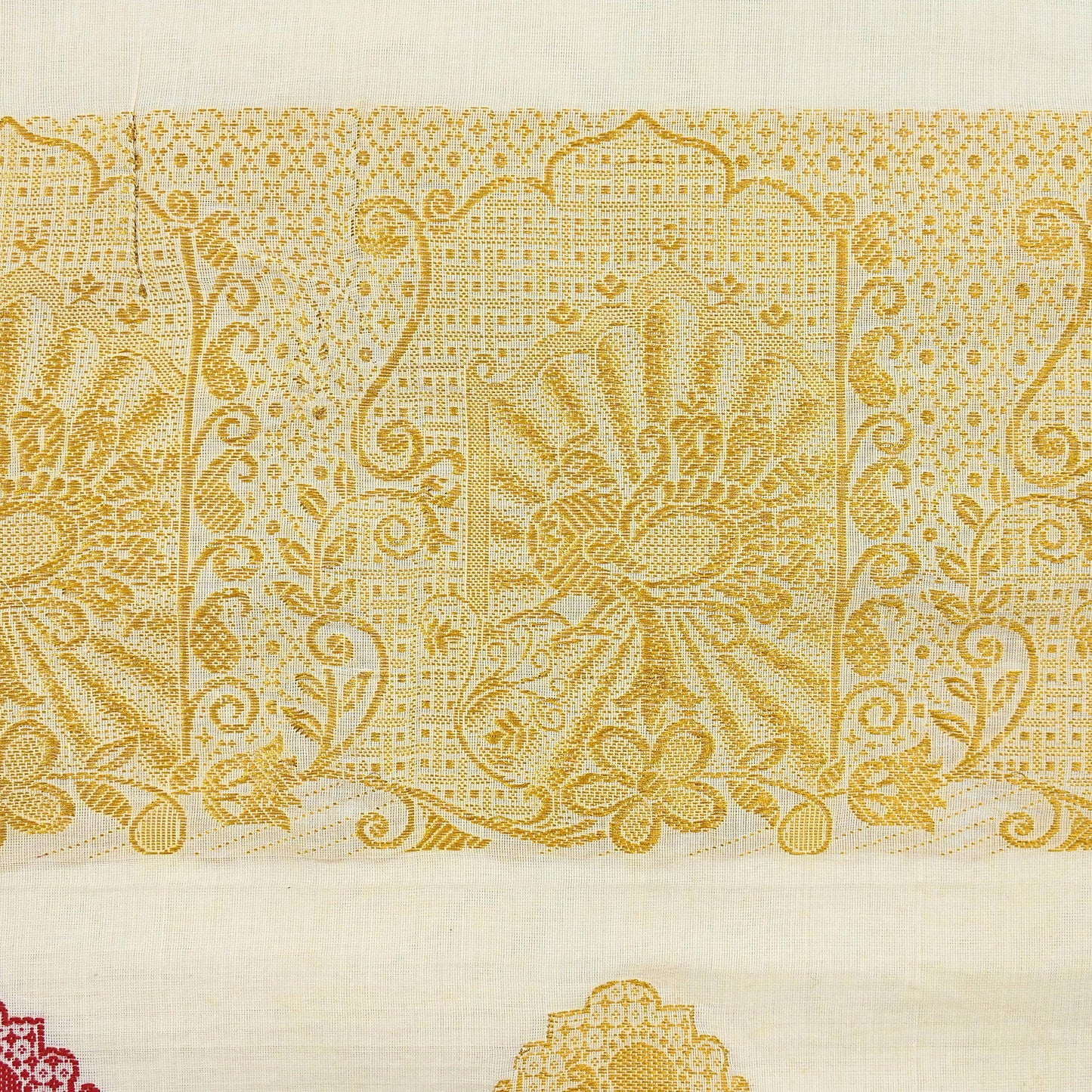 Vintage Bengali Traditional Saree Off White Handwoven Sari with Red & Golden Border Pure Cotton Drape