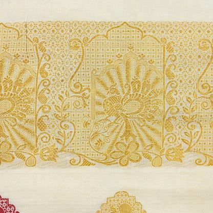 Vintage Bengali Traditional Saree Off White Handwoven Sari with Red & Golden Border Pure Cotton Drape
