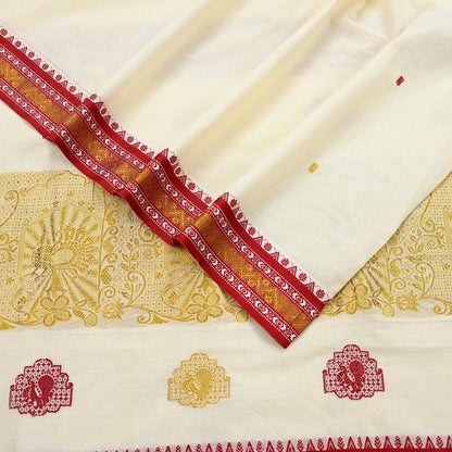 Vintage Bengali Traditional Saree Off White Handwoven Sari with Red & Golden Border Pure Cotton Drape