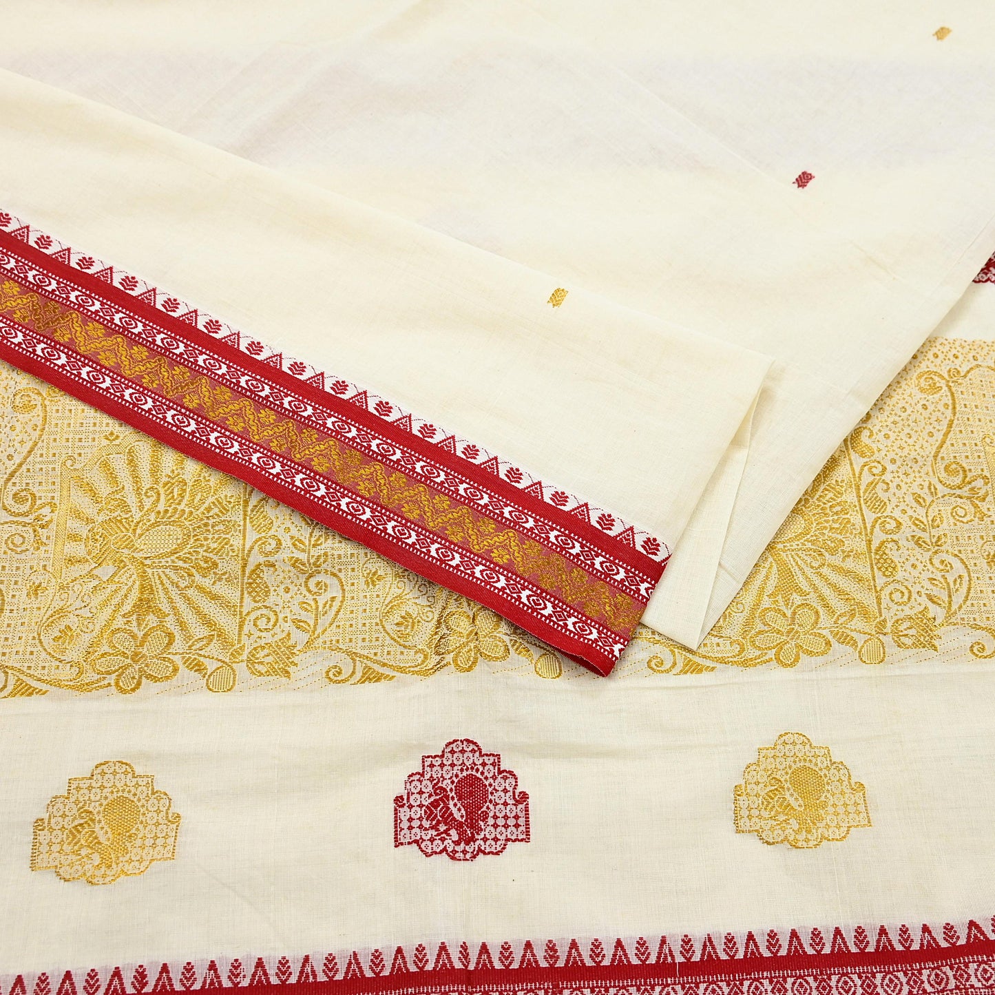 Vintage Bengali Traditional Saree Off White Handwoven Sari with Red & Golden Border Pure Cotton Drape
