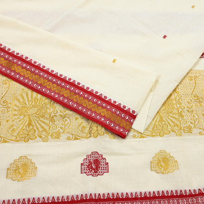 Vintage Bengali Traditional Saree Off White Handwoven Sari with Red & Golden Border Pure Cotton Drape