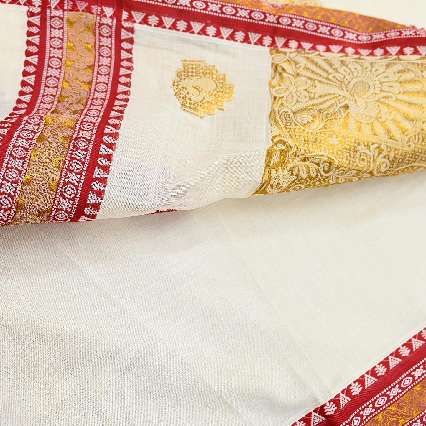 Vintage Bengali Traditional Saree Off White Handwoven Sari with Red & Golden Border Pure Cotton Drape