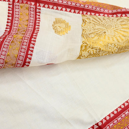 Vintage Bengali Traditional Saree Off White Handwoven Sari with Red & Golden Border Pure Cotton Drape