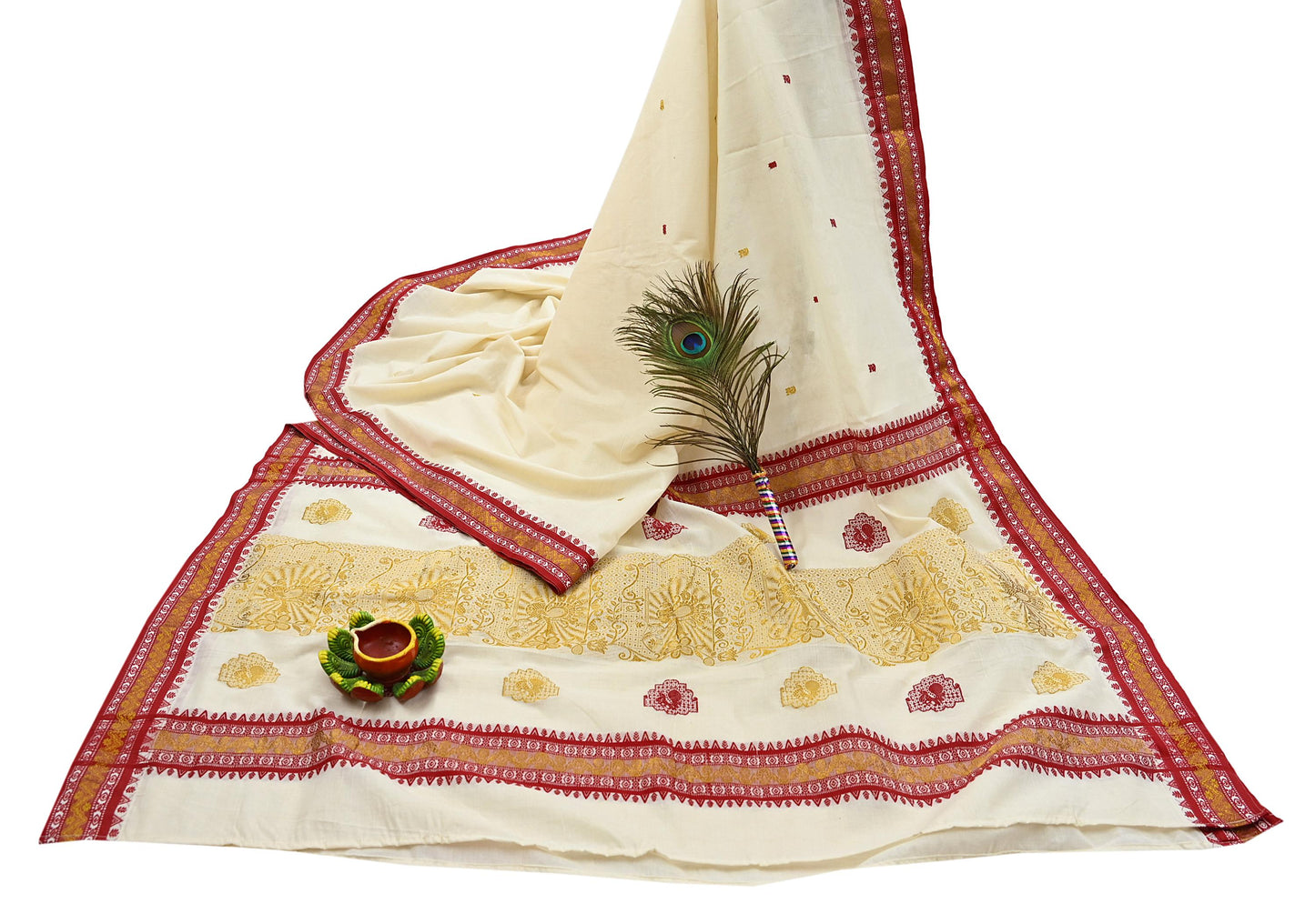 Vintage Bengali Traditional Saree Off White Handwoven Sari with Red & Golden Border Pure Cotton Drape