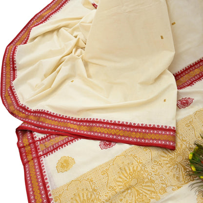 Vintage Bengali Traditional Saree Off White Handwoven Sari with Red & Golden Border Pure Cotton Drape