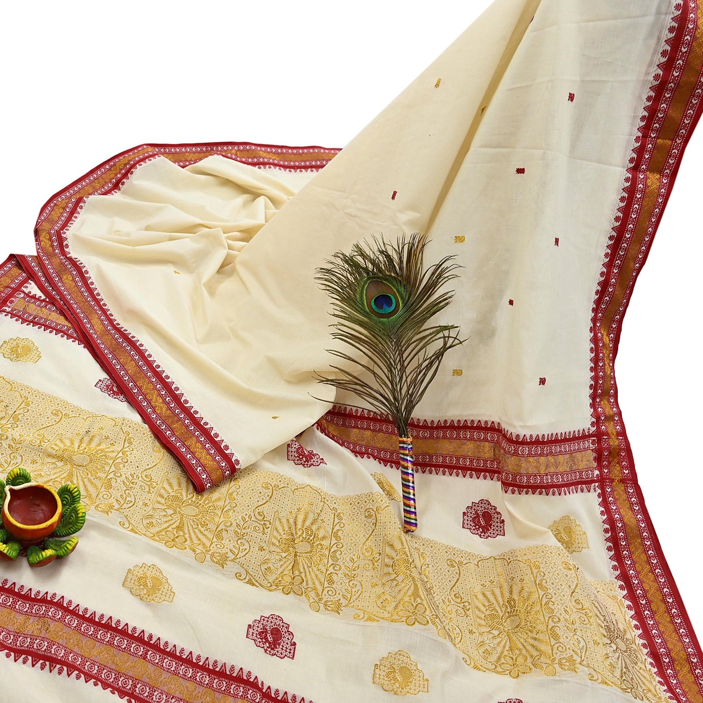 Vintage Bengali Traditional Saree Off White Handwoven Sari with Red & Golden Border Pure Cotton Drape