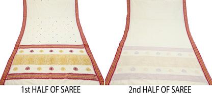 Vintage Bengali Traditional Saree Off White Handwoven Sari with Red & Golden Border Pure Cotton Drape