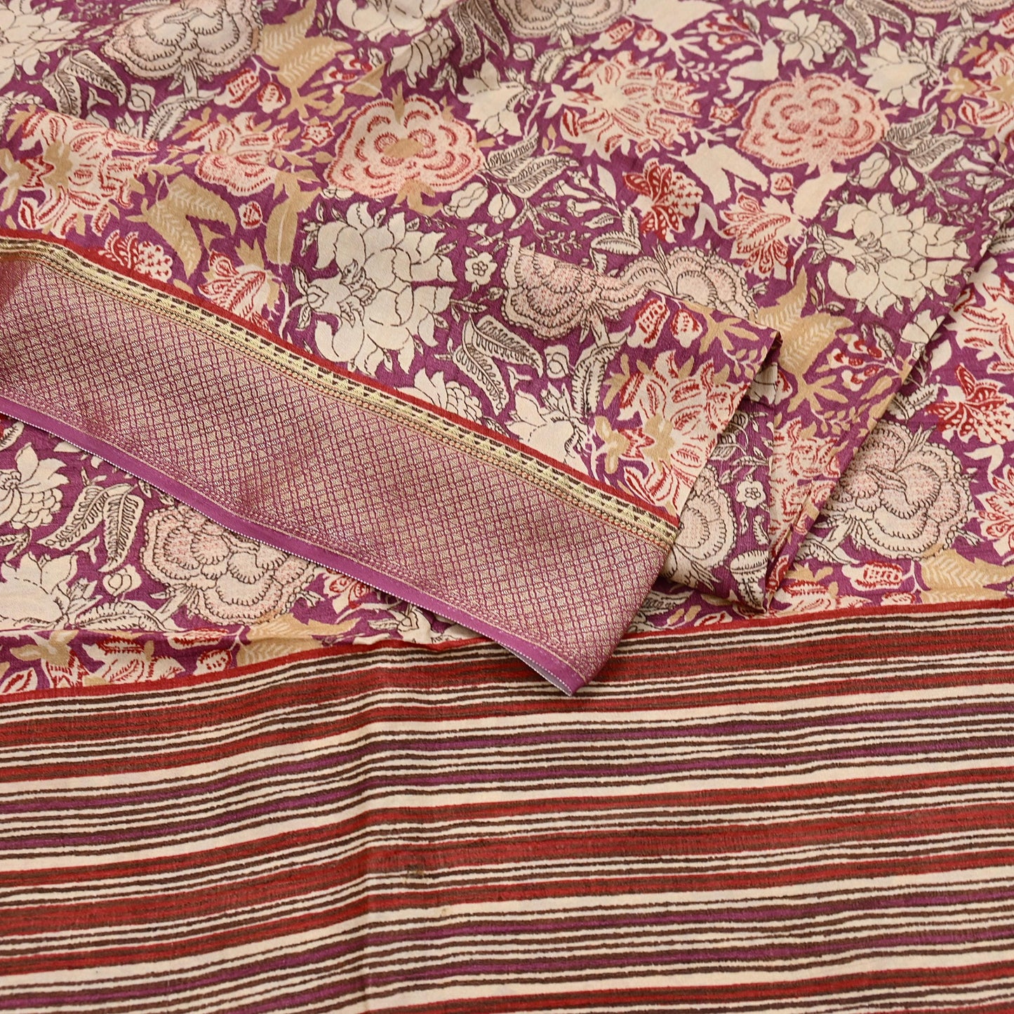 Vintage Purple beige Pure Khadi Silk Saree 5Yd Handloom Indian Sari Soft Fabric Sustainable Craft Textile Boho Dressmaking Material