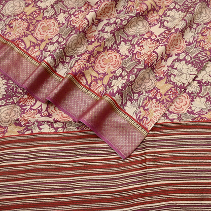 Vintage Purple beige Pure Khadi Silk Saree 5Yd Handloom Indian Sari Soft Fabric Sustainable Craft Textile Boho Dressmaking Material