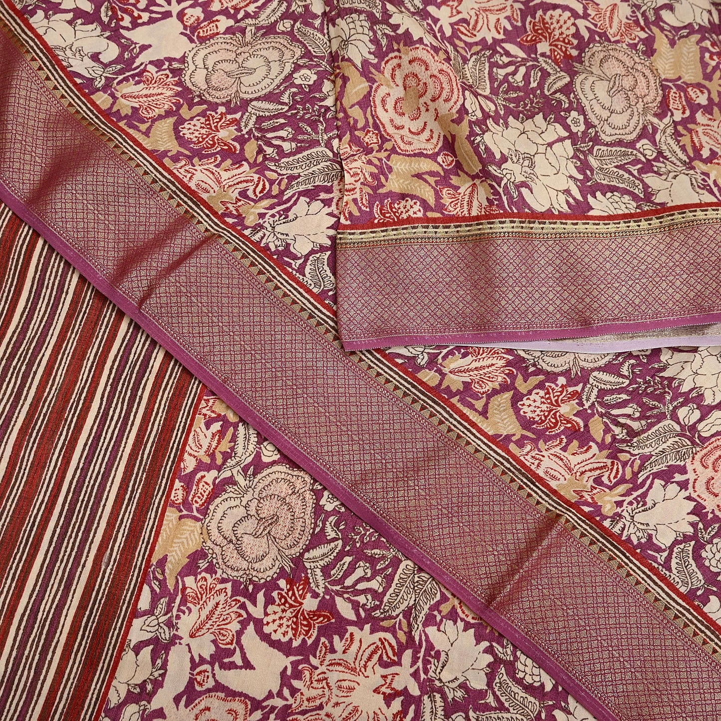 Vintage Purple beige Pure Khadi Silk Saree 5Yd Handloom Indian Sari Soft Fabric Sustainable Craft Textile Boho Dressmaking Material