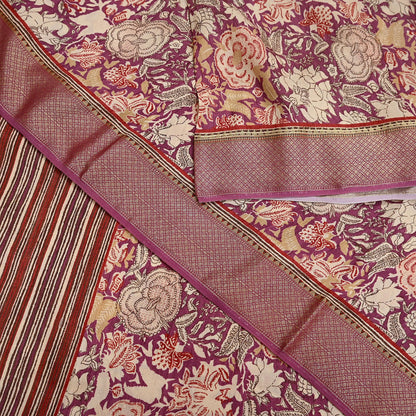 Vintage Purple beige Pure Khadi Silk Saree 5Yd Handloom Indian Sari Soft Fabric Sustainable Craft Textile Boho Dressmaking Material