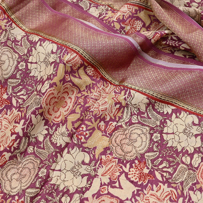 Vintage Purple beige Pure Khadi Silk Saree 5Yd Handloom Indian Sari Soft Fabric Sustainable Craft Textile Boho Dressmaking Material