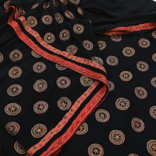 Indian Vintage Heavy Sari Black Pure Georgette Silk Hand Beaded Sarees Craft Fabric 5Yd Sewing Soft Ethnic Wedding Dress making