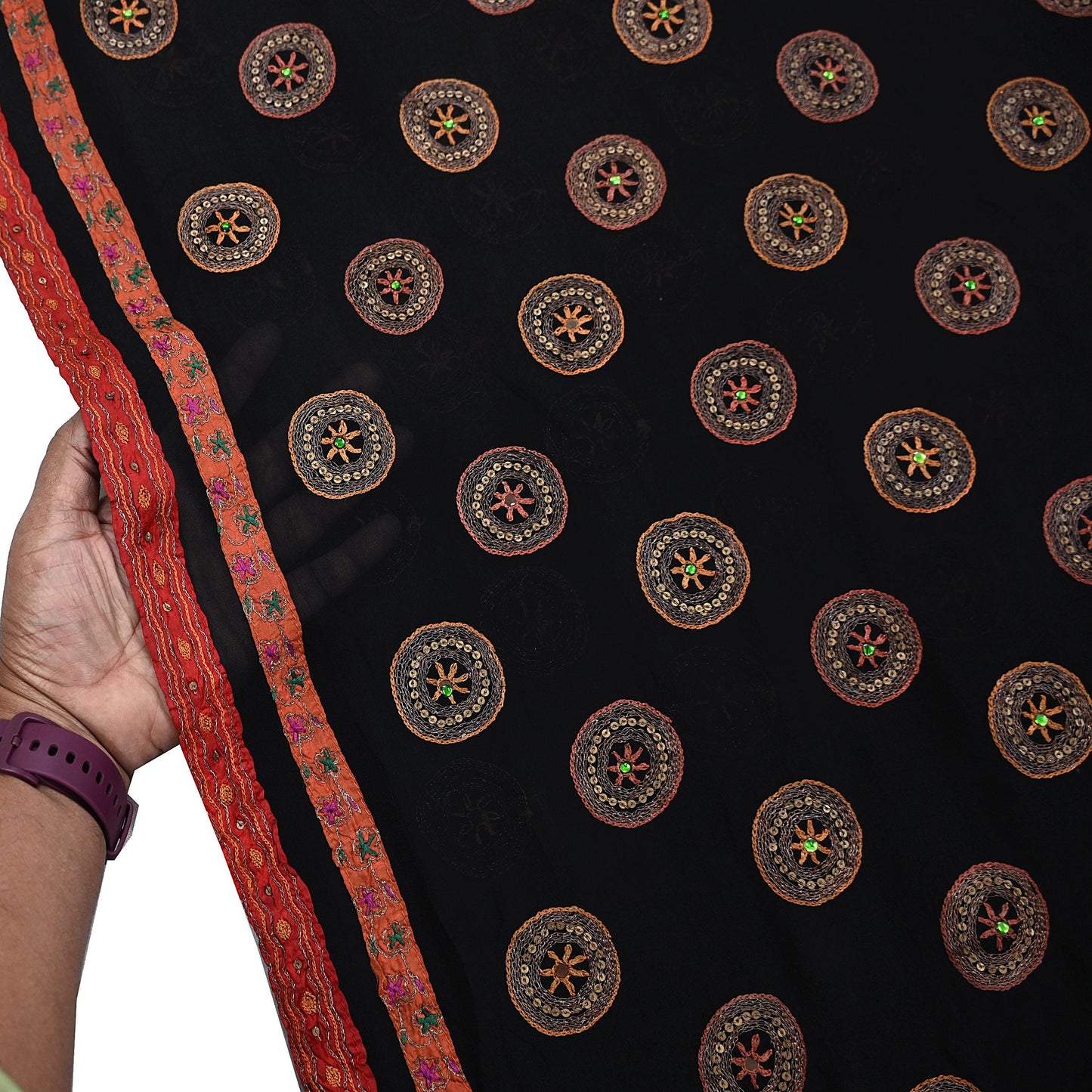Indian Vintage Heavy Sari Black Pure Georgette Silk Hand Beaded Sarees Craft Fabric 5Yd Sewing Soft Ethnic Wedding Dress making