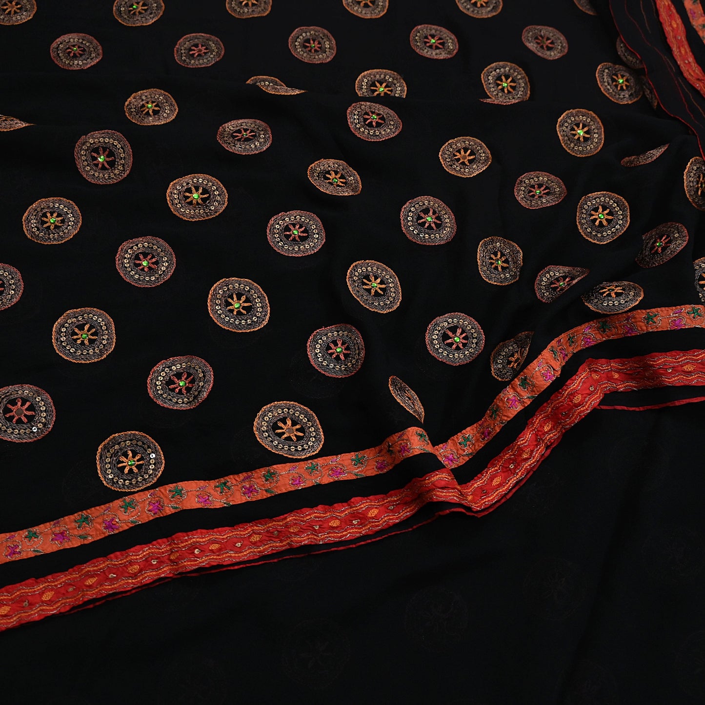 Indian Vintage Heavy Sari Black Pure Georgette Silk Hand Beaded Sarees Craft Fabric 5Yd Sewing Soft Ethnic Wedding Dress making