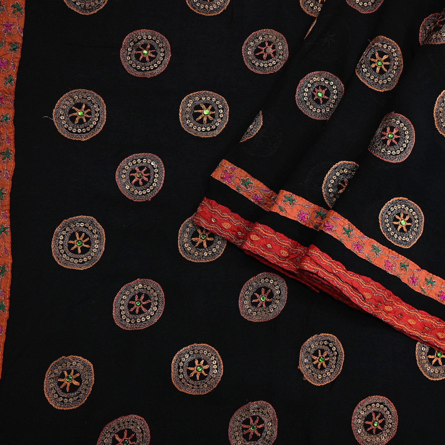 Indian Vintage Heavy Sari Black Pure Georgette Silk Hand Beaded Sarees Craft Fabric 5Yd Sewing Soft Ethnic Wedding Dress making