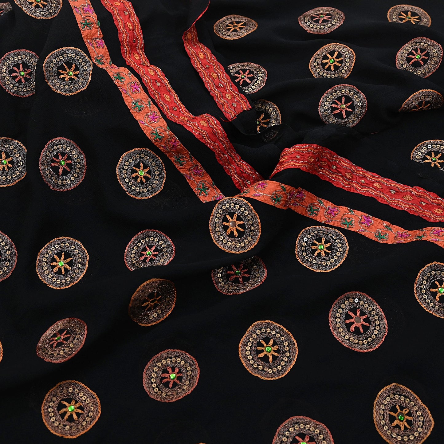 Indian Vintage Heavy Sari Black Pure Georgette Silk Hand Beaded Sarees Craft Fabric 5Yd Sewing Soft Ethnic Wedding Dress making
