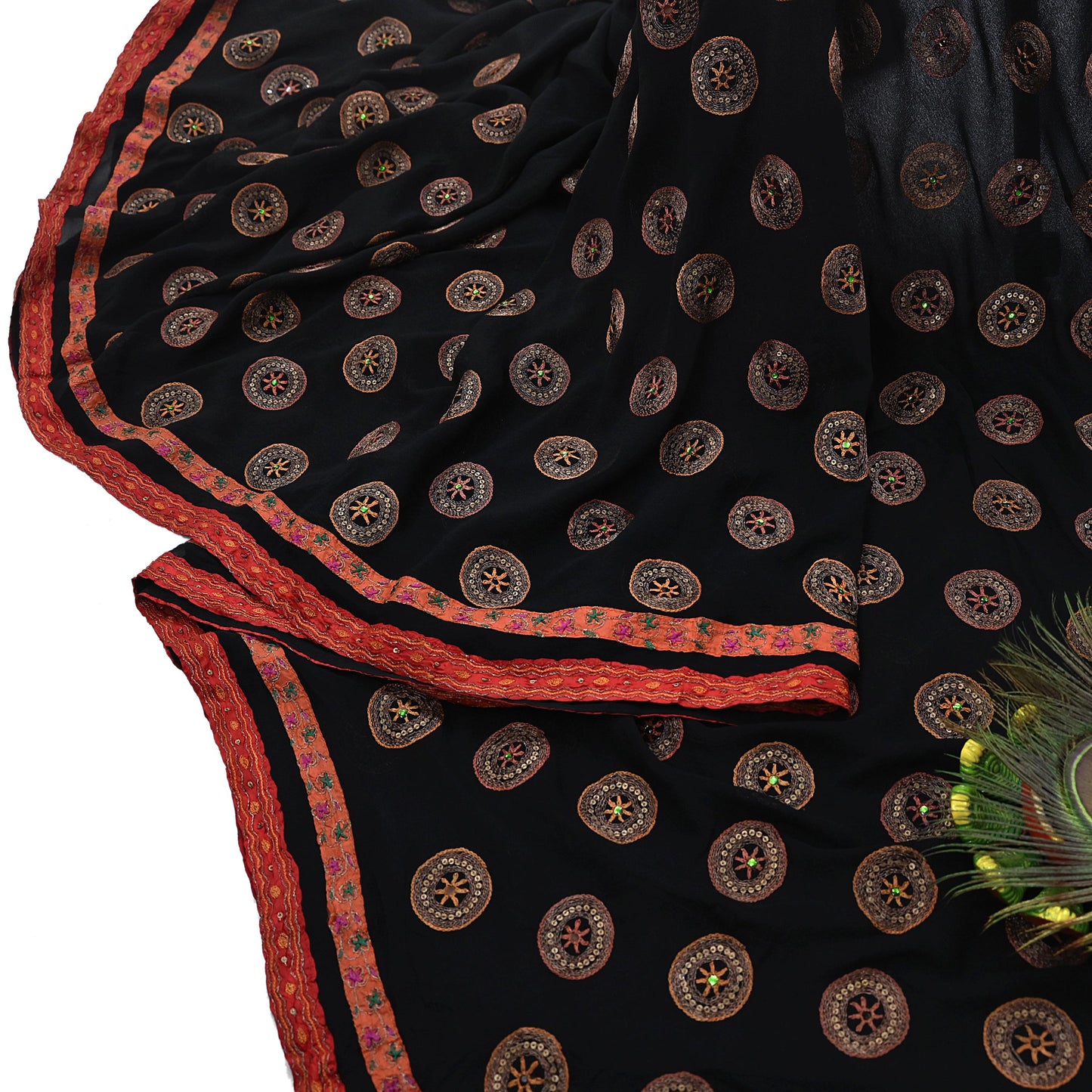 Indian Vintage Heavy Sari Black Pure Georgette Silk Hand Beaded Sarees Craft Fabric 5Yd Sewing Soft Ethnic Wedding Dress making