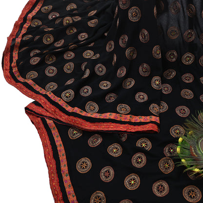 Indian Vintage Heavy Sari Black Pure Georgette Silk Hand Beaded Sarees Craft Fabric 5Yd Sewing Soft Ethnic Wedding Dress making