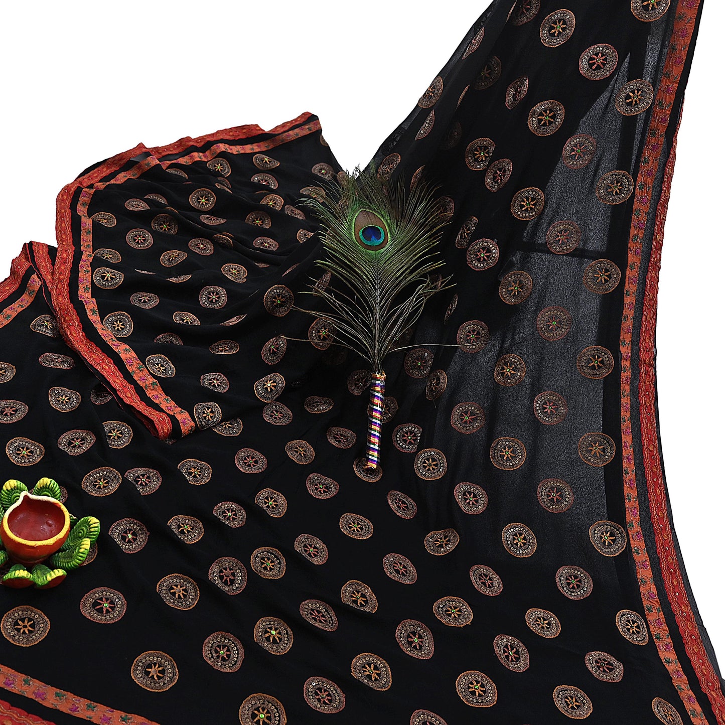 Indian Vintage Heavy Sari Black Pure Georgette Silk Hand Beaded Sarees Craft Fabric 5Yd Sewing Soft Ethnic Wedding Dress making