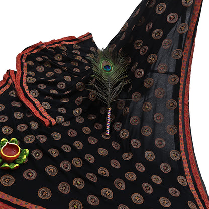 Indian Vintage Heavy Sari Black Pure Georgette Silk Hand Beaded Sarees Craft Fabric 5Yd Sewing Soft Ethnic Wedding Dress making