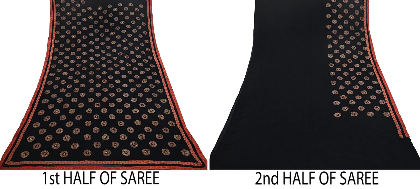 Indian Vintage Heavy Sari Black Pure Georgette Silk Hand Beaded Sarees Craft Fabric 5Yd Sewing Soft Ethnic Wedding Dress making