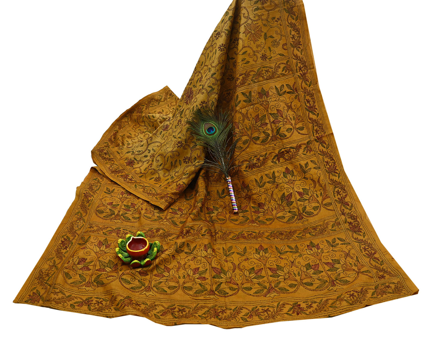 Indian Vintage Saffron Saree 100% Pure Silk Hand Embroidered Kantha Sari Fabric 5Yd Sewing Floral Sequin