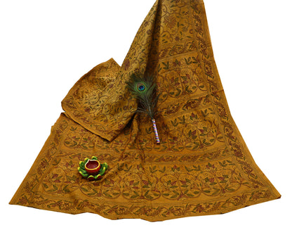 Indian Vintage Saffron Saree 100% Pure Silk Hand Embroidered Kantha Sari Fabric 5Yd Sewing Floral Sequin