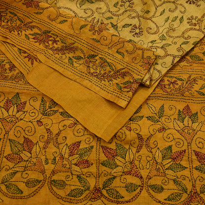Indian Vintage Saffron Saree 100% Pure Silk Hand Embroidered Kantha Sari Fabric 5Yd Sewing Floral Sequin